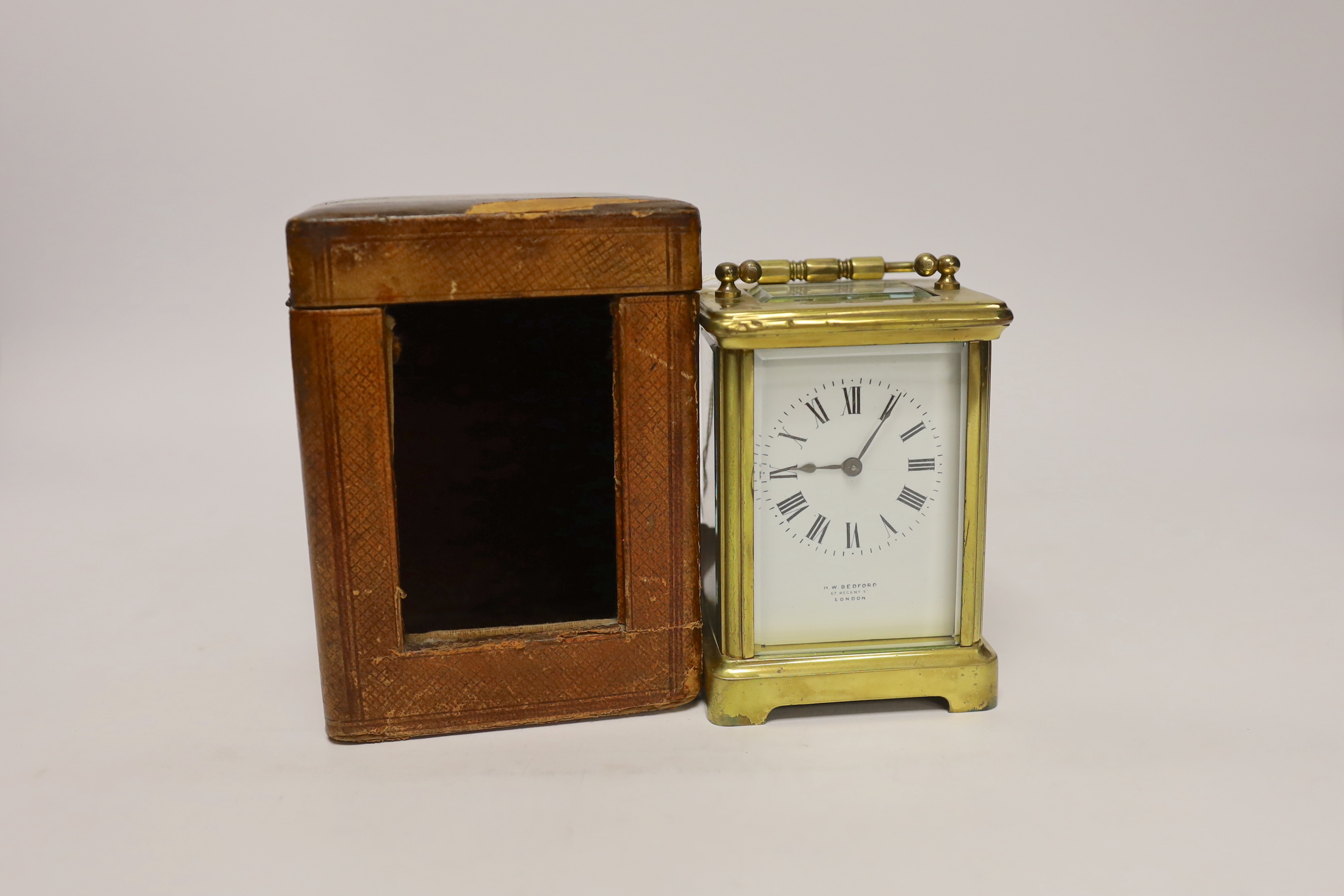 A cased carriage timepiece H.W Bedford, London, 11cm high